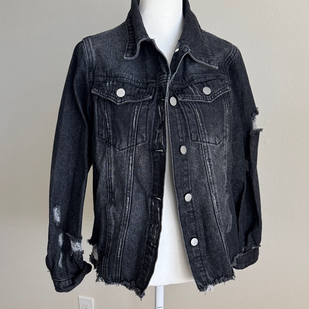 Black Distressed Denim Jacket - Picture 2 of 7